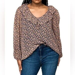 Gibsonlook flowy boho romantic blue Gigi V-Neck Long Sleeve Floral ruffle top XL